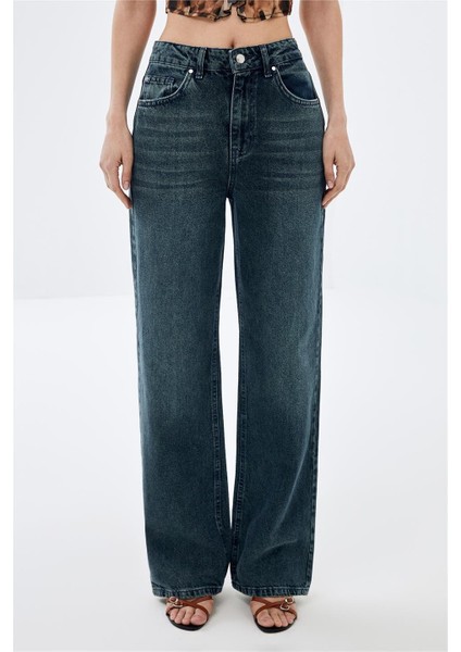 Koyu Mavi Wide Leg Jean Pantolon