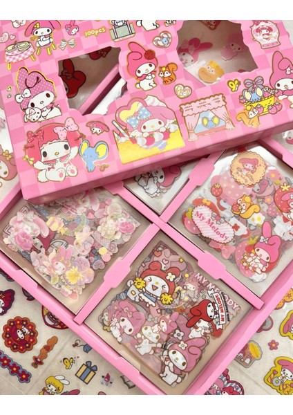 Sanrio My Melody Karakterli 4 Bölümlü 100 Yaprak Pembe Kutu Sticker Seti bullet Journal Scrapbook modelleri