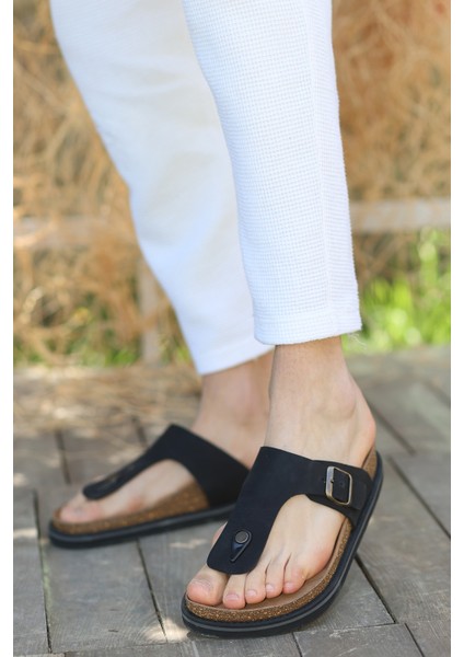 Hakiki Crazy Deri Eva Taban Parmak Arası Toka Detaylı Ortopedik Tasarım Erkek Terlik Sandalet