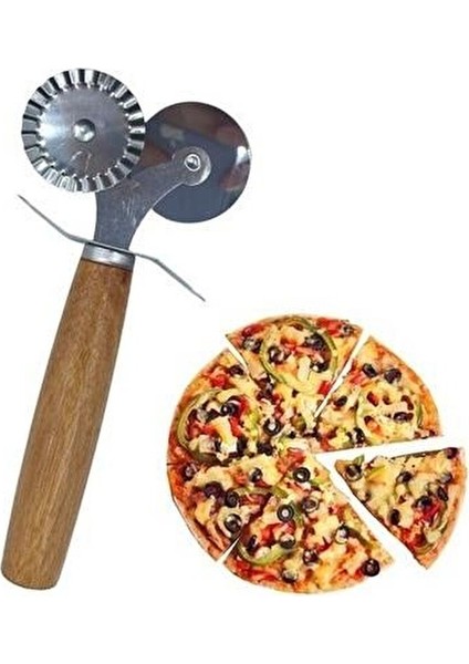 Ahşap Saplı Hamur ve Pizza Kesme Ruleti Pizza Cutter 2'li Hamur-Pizza Kesme Ruleti 1 Adet