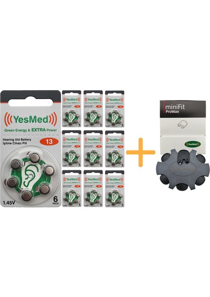 Yesmed Extra Power 13 Numara Işitme Cihazı Pili (10 Paket x 6 Adet = 60 Adet Pil ) +  Yesmed Minifit Prowax Filtre