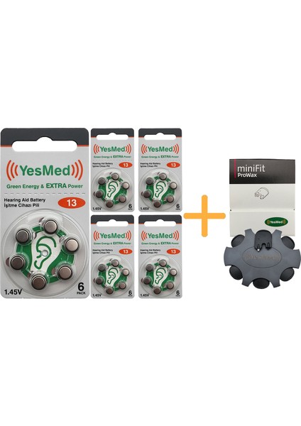 Extra Power 13 Numara Işitme Cihazı Pili (5 Paket x 6 Adet = 30 Adet Pil ) + Yesmed Minifit Prowax Filtre