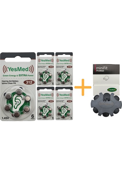 Extra Power 312 Numara Işitme Cihazı Pili (5 Paket x 6 Adet = 30 Adet Pil ) + Yesmed Minifit Prowax Filtre