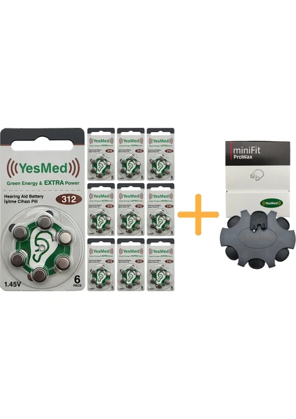 Yesmed Extra Power 312 Numara Işitme Cihazı Pili (10 Paket x 6 Adet = 60 Adet Pil ) +  Yesmed Minifit Prowax Filtre