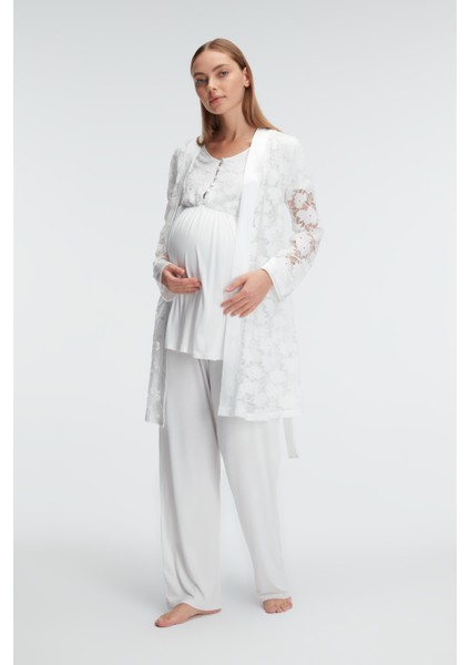 Kadın 3'lü Ekru Lohusa Pijama Takımı 11311