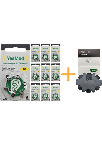 Extra Power 10 Numara Işitme Cihazı Pili (10 Paket x 6 Adet = 60 Adet Pil ) + Yesmed Minifit Prowax Filtre
