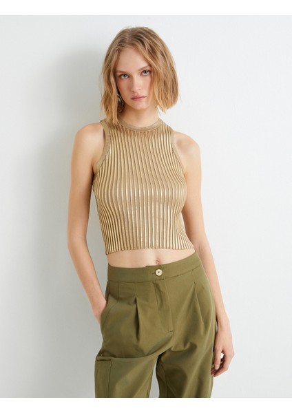 Fitilli Crop Atlet Parlak Baskılı Bisiklet Yaka