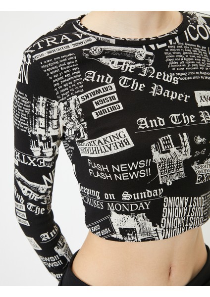 Uzun Kollu Baskılı Crop Tişört Bisiklet Yaka Slim Fit indirimleri