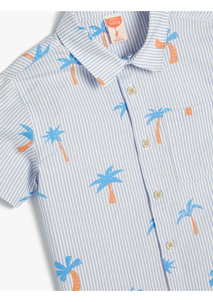 Gömlek Palmiye Baskılı Kısa Kollu Cep Detaylı Pamuklu modelleri
