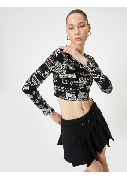 Uzun Kollu Baskılı Crop Tişört Bisiklet Yaka Slim Fit