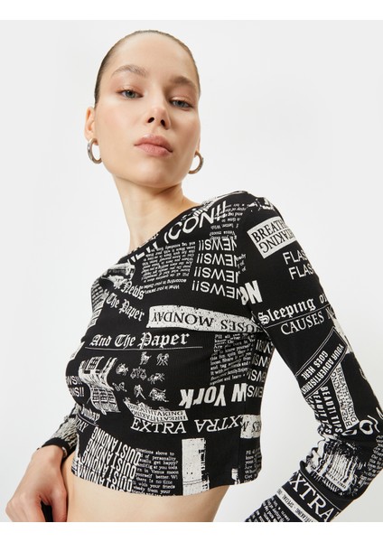 Uzun Kollu Baskılı Crop Tişört Bisiklet Yaka Slim Fit