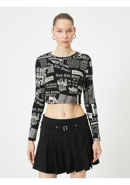 Uzun Kollu Baskılı Crop Tişört Bisiklet Yaka Slim Fit