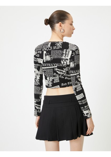 Uzun Kollu Baskılı Crop Tişört Bisiklet Yaka Slim Fit