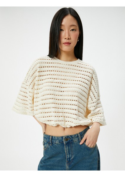 Ajurlu Sweatshirt Yarım Kollu Bisiklet Yaka Beli Lastikli
