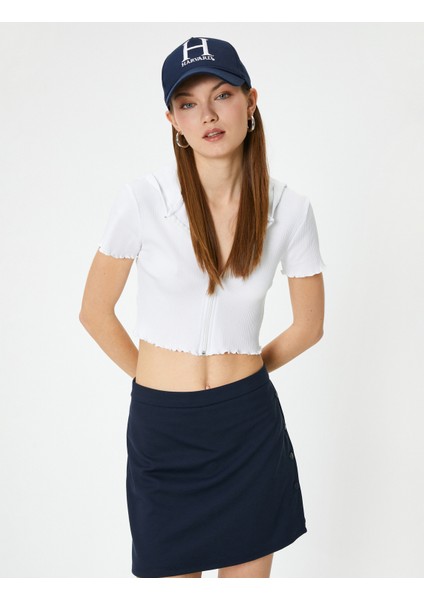 Fermuarlı Crop Tişört Uzun Kollu Slim Fit
