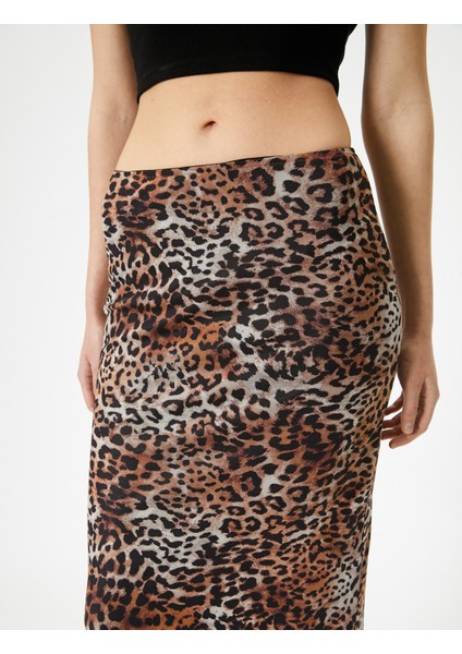 Leopar Desenli Kalem Etek Tül Midi Boy Standart Bel