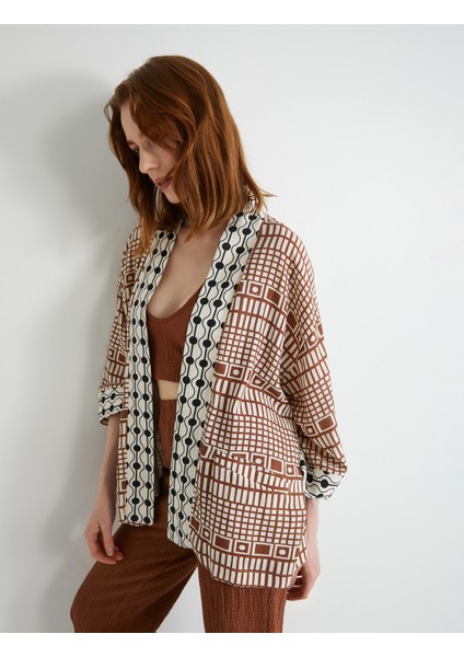 Oversize Kimono Viskon Keten Karışımlı Yarım Kollu Cepli