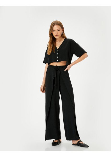 Bol Paça Pantolon Kapaklı Bağlama Detaylı Beli Lastikli