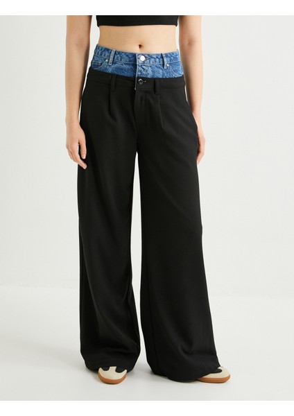 Kontrast Çift Bel Pantolon Düz Paça Cepli modelleri