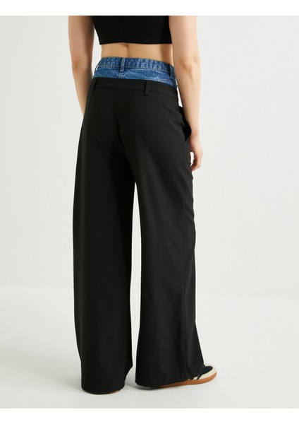 Kontrast Çift Bel Pantolon Düz Paça Cepli fırsatları
