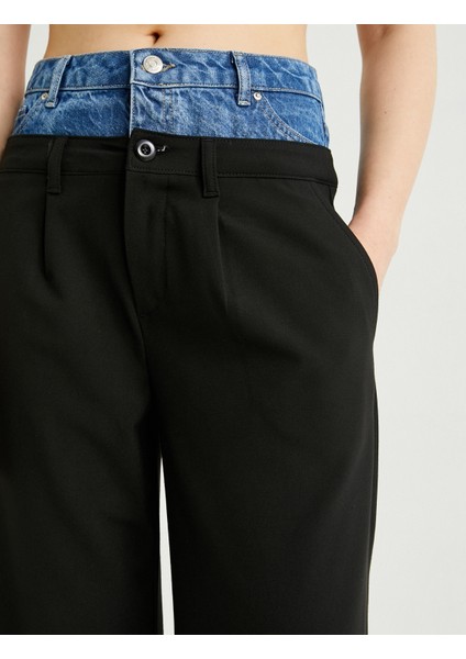 Kontrast Çift Bel Pantolon Düz Paça Cepli indirimleri