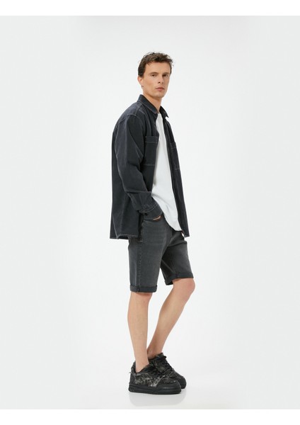 Kot Şort Slim Fit 5 Cepli Düğmeli