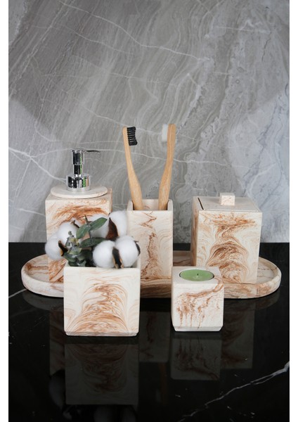 7 Parça Mermer Desenli Beton Banyo Seti Sıvı Sabunluk Diş Fırçalık Pamukluk Saksı Mumluk