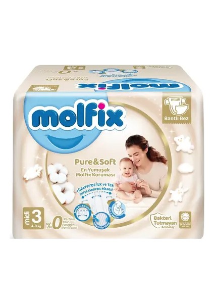 Pure&Soft Bebek Bezi 3 Beden Midi 4-9 Kg 64lü Süper Fırsat Paketi