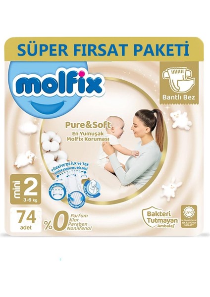 Pure&Soft Bebek Bezi 2 Beden Mini 74lü Süper Fırsat Paketi