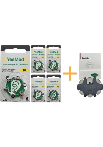 Extra Power 10 Numara Işitme Cihazı Pili (5 Paket x 6 Adet = 30 Adet Pil) + Yesmed Prowax Filtre