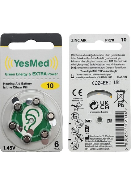 Extra Power 10 Numara Işitme Cihazı Pili (5 Paket x 6 Adet = 30 Adet Pil) + Yesmed Prowax Filtre