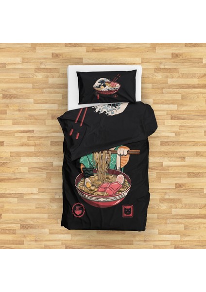 Noodle Cat & Great Wave Ramen Bowl Çift Taraflı Nevresim Takımı