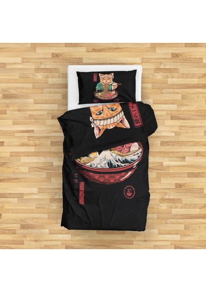 Noodle Cat & Great Wave Ramen Bowl Çift Taraflı Nevresim Takımı