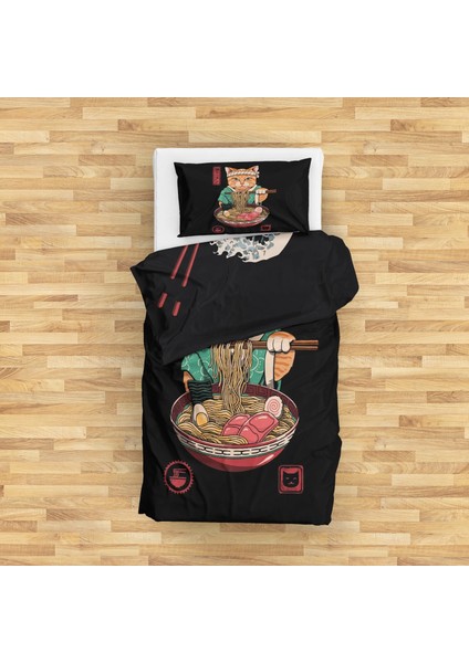 Noodle Cat & Great Wave Ramen Bowl Çift Taraflı Nevresim Takımı