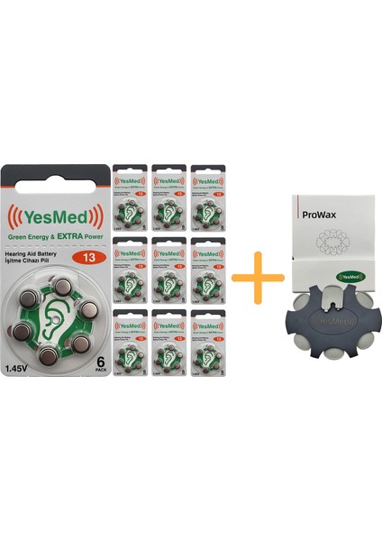 Extra Power 13 Numara Işitme Cihazı Pili (10 Paket x 6 Adet = 60 Adet Pil) + Yesmed Prowax Filtre