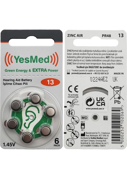 Extra Power 13 Numara Işitme Cihazı Pili (10 Paket x 6 Adet = 60 Adet Pil) + Yesmed Prowax Filtre