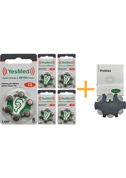 Extra Power 13 Numara Işitme Cihazı Pili (5 Paket x 6 Adet = 30 Adet Pil) + Yesmed Prowax Filtre