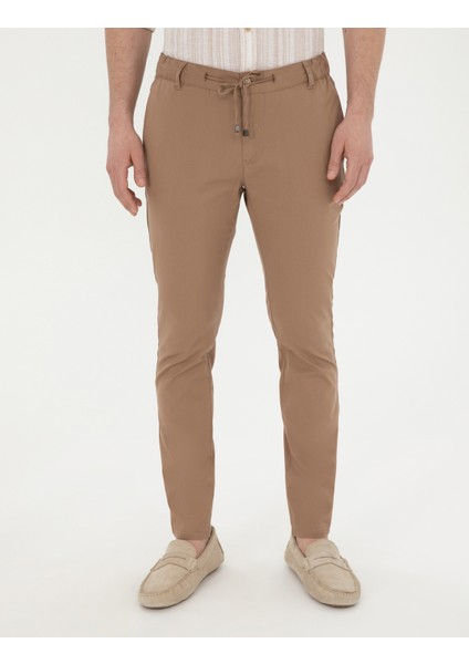 Erkek Kahverengi Slim Fit Beli Lastikli İpli Kanvas Pantolon 50285534-VR197