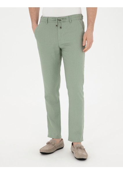 Erkek Yeşil Carrot Fit %100 Keten Kanvas Pantolon 50285714-VR016