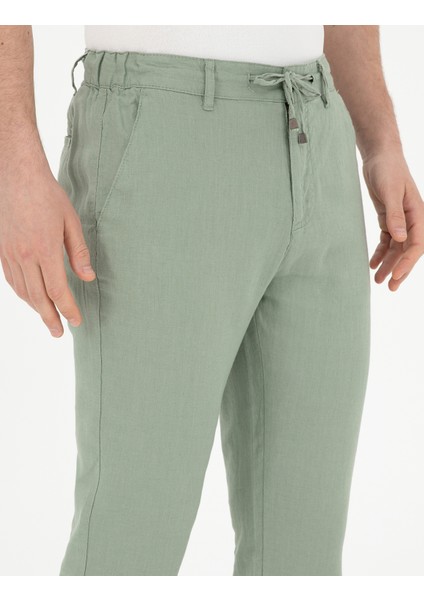 Erkek Yeşil Carrot Fit %100 Keten Kanvas Pantolon 50285714-VR016