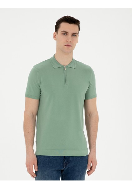 Erkek Çağla Slim Fit Fermuarlı Polo Yaka Triko Tişört 50288084-VR016