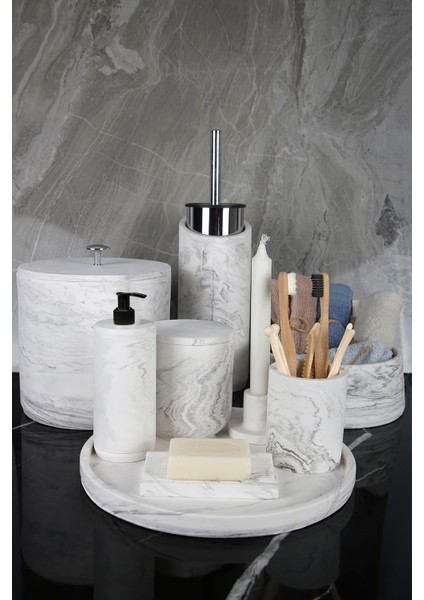 12 Parça Mermer Desenli Beton Banyo Seti Katı Sıvı Sabunluk Diş Fırçalığı Tütsülük Çöp Kovası Tepsi Mumluk Tuvalet Fırçası Havluluk Pamukluk