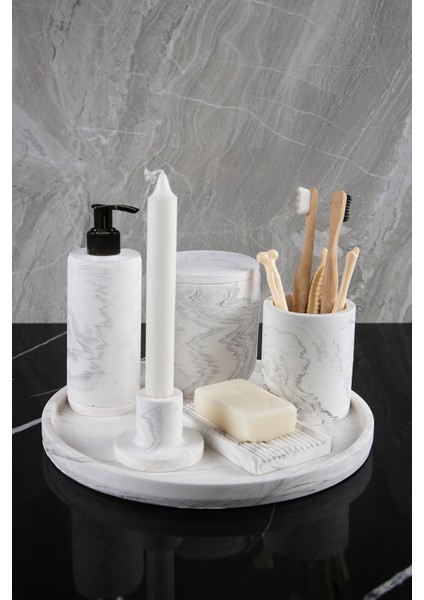 12 Parça Mermer Desenli Beton Banyo Seti Katı Sıvı Sabunluk Diş Fırçalığı Tütsülük Çöp Kovası Tepsi Mumluk Tuvalet Fırçası Havluluk Pamukluk modelleri