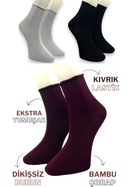 Ciho Socks Premium 3 Çift Bambu Kadın Lastiksiz Roll Top Soket Dikişsiz Çorap / Iz Bırakmaz / Sıkmayan Çorap