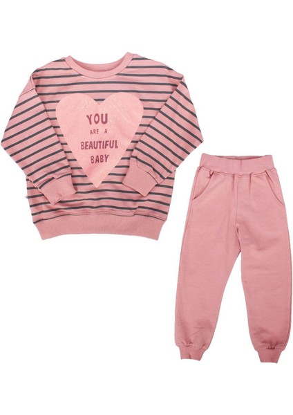 Kız Çocuk Pembe Çizgili Beautiful Yazılı 2'li Takım