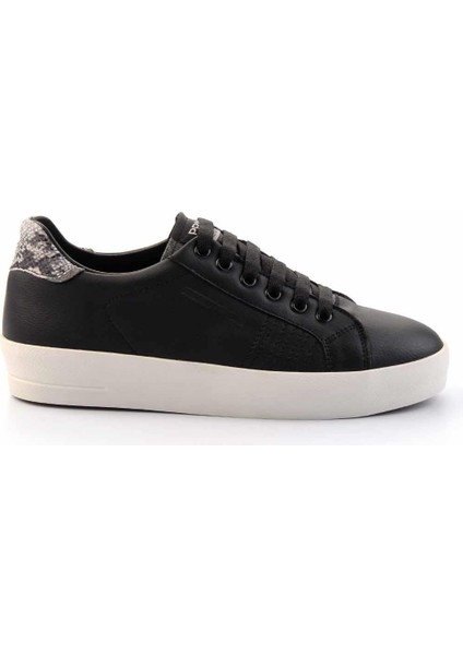 Siyah Bej Yılan Baskı Deri Kadın Sneaker K01102100103