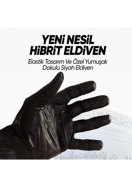 Hibrit Elastik Pudrasız Eldiven - Siyah 5 Paket (100'LÜK Kutu)