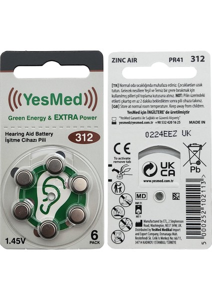 Yesmed Extra Power 312 Numara Işitme Cihazı Pili (10 Paket x 6 Adet = 60 Adet Pil) +  Yesmed Prowax Filtre