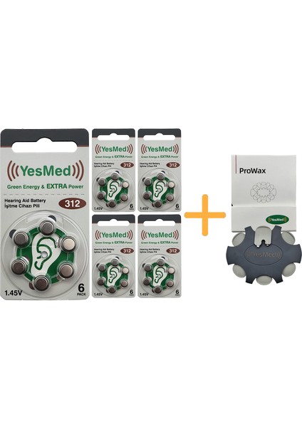 Extra Power 312 Numara Işitme Cihazı Pili (5 Paket x 6 Adet = 30 Adet Pil) + Yesmed Prowax Filtre