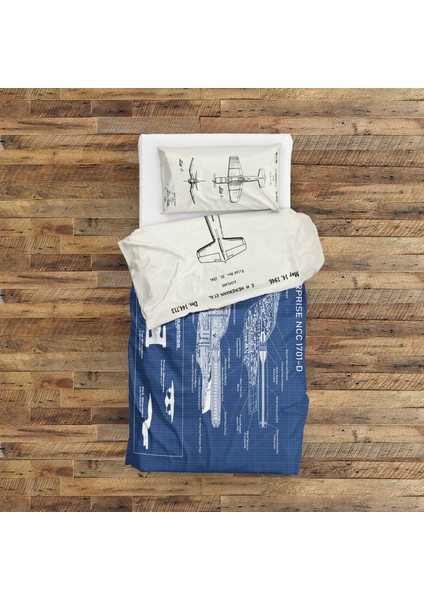F4U Corsair Ivory & Uss Enterprise Blueprint Çift Taraflı Nevresim Takımı